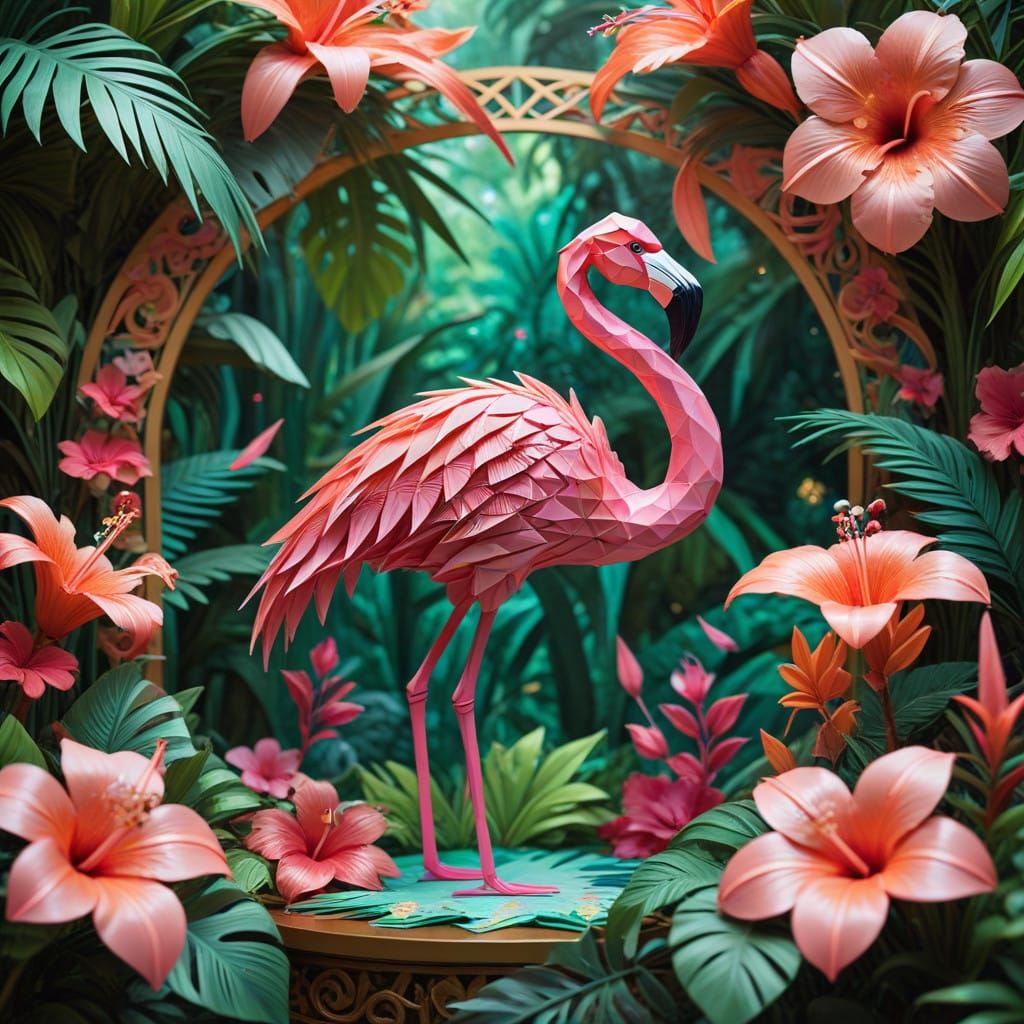 3D Origami Picture of Flamingo and Tropical Flowers 3D Effect art deco art nouveau rococo architecture ...  by @BINUSH