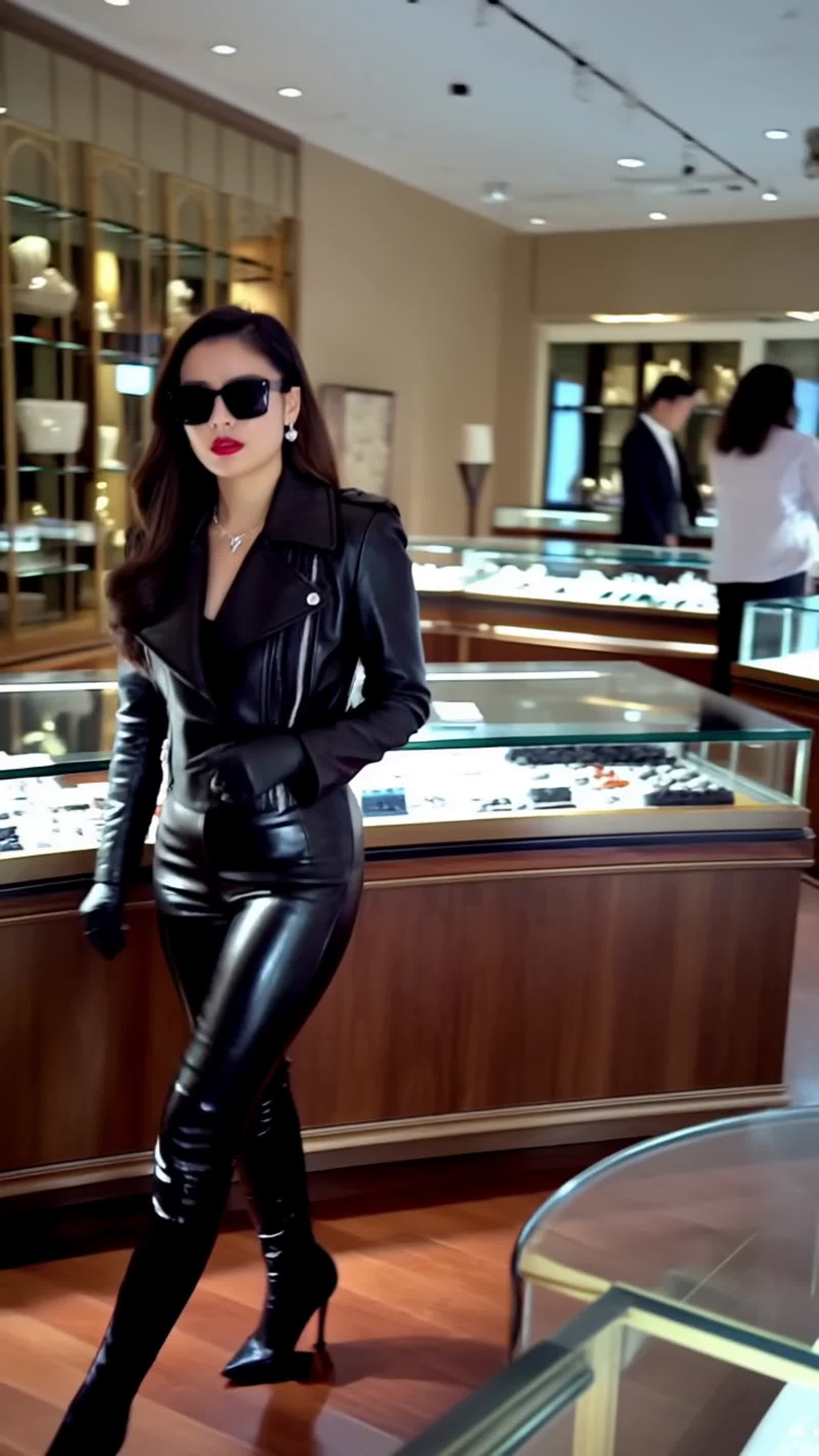 Carol vorderman In a black leather jacket and black leather gloves and tight black leather pants and knee high stiletto ...