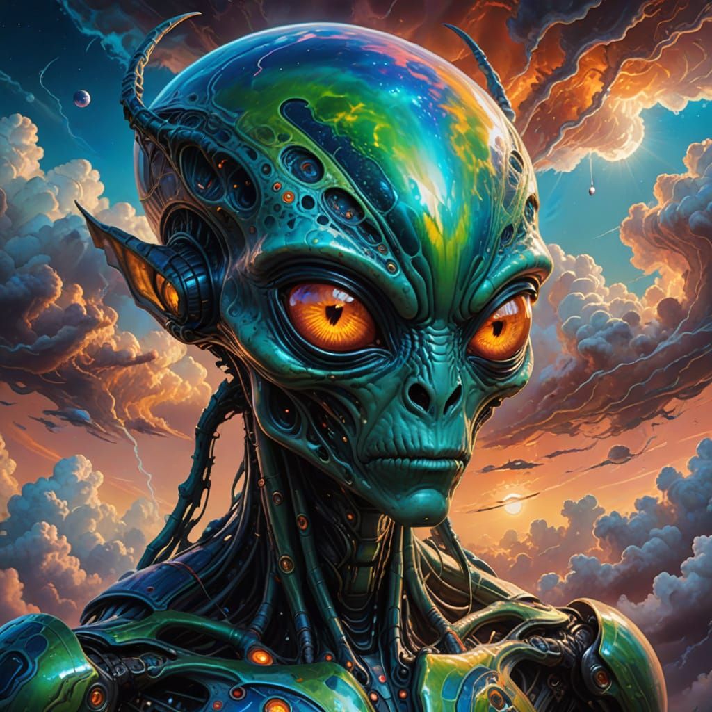 Surreal Alien Portrait with Glowing Eyes in Oil Painting Sty...