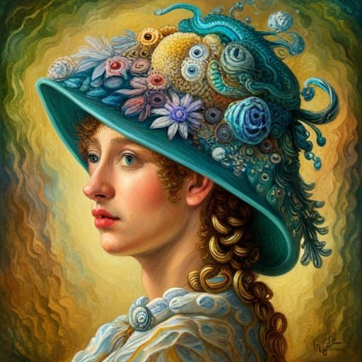 : portrait of a young woman with a fantasy hat on her head o...