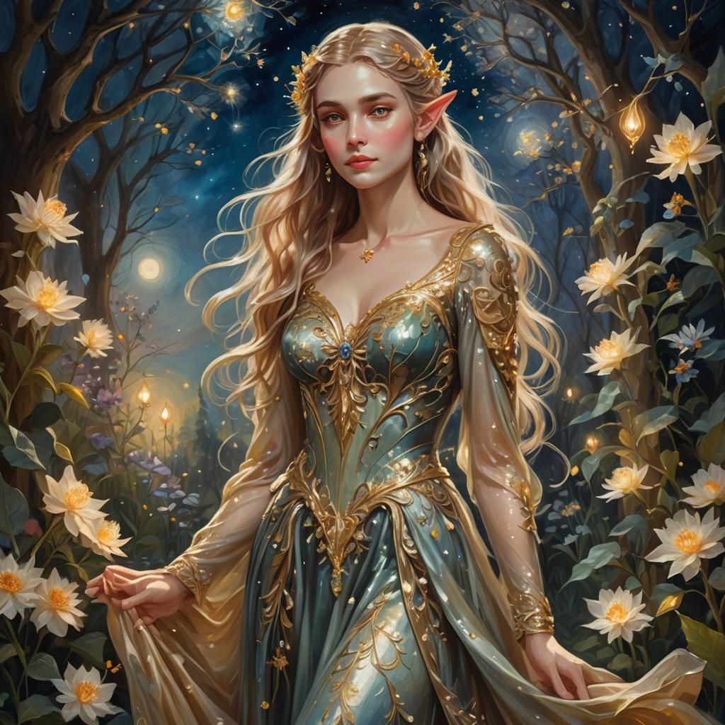 A gilded elf, ethereal and delicate.