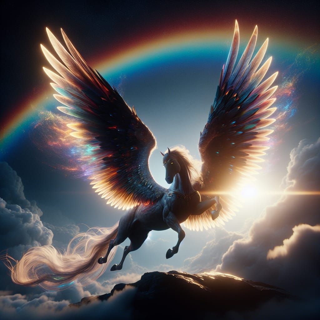 Pegasus learn to fly in the rainbow sky