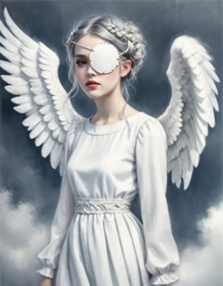 Dreamy portrait of white angel wearing white longsleeved dress, wings and a big round eyepatch