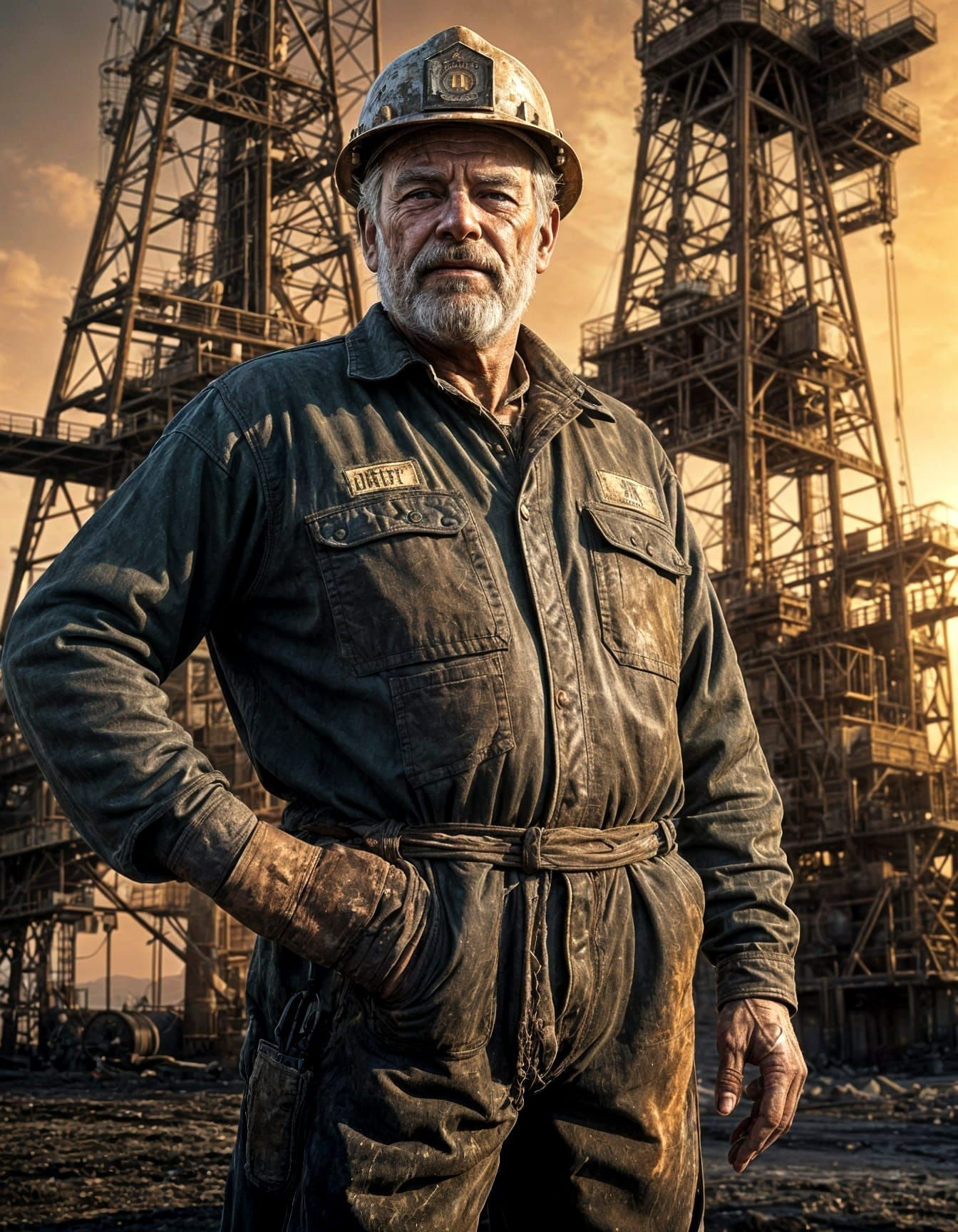 Digital art of a dirty old oilman standing near an oil rig, rugged and weathered face with deep wrinkles, ...  by @photon