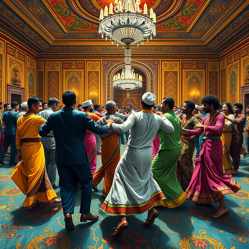 Global Unity: Men Dancing in Vibrant Ballroom