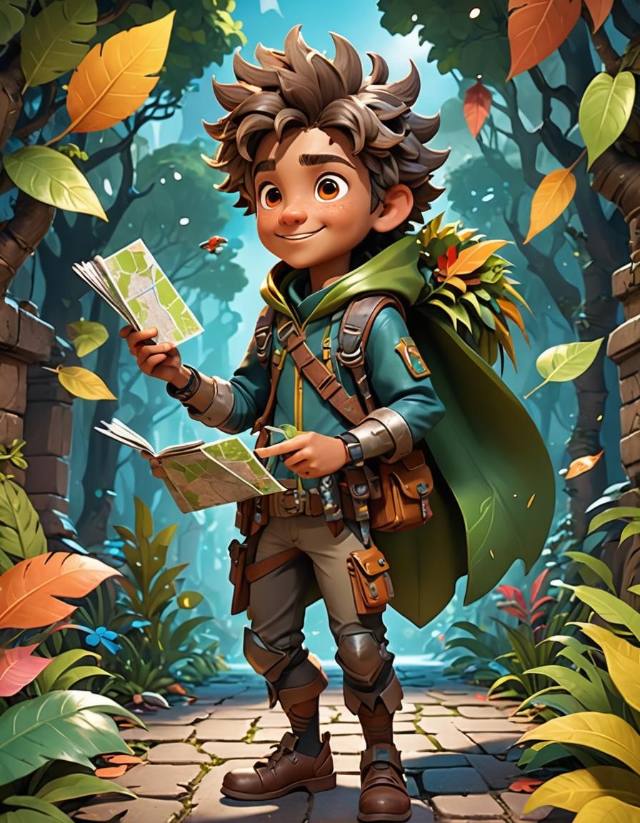 Create a colorful cartoon character of a young, adventurous explorer. The character should have big, expressive eyes full of curiosity and e...