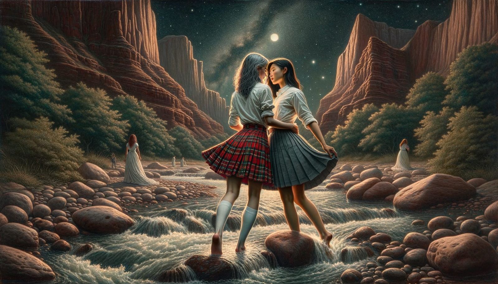 Facing us, in the fantasy art style of Yvonne Gilbert, full-...