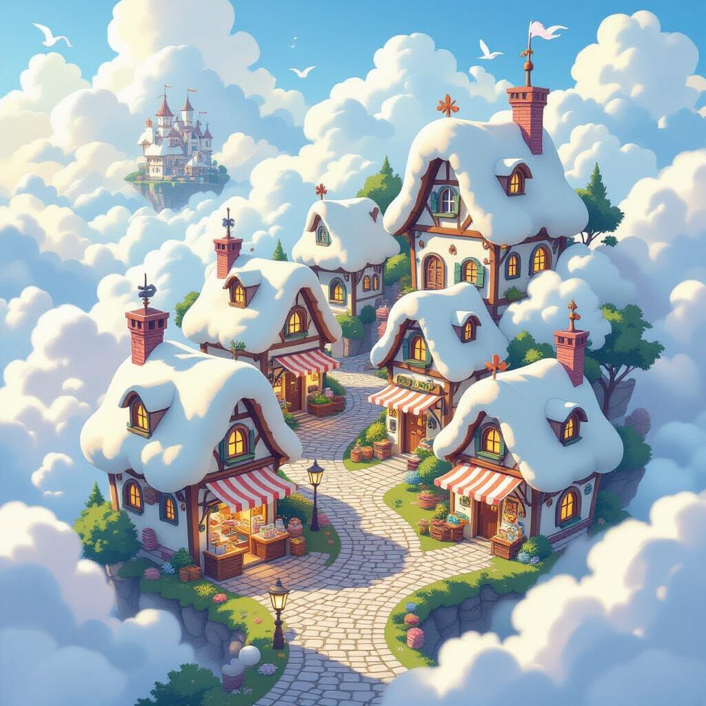 cute fantasy cloud village with little shops, cartoonish style but still magical. birds eye view, winding cobbled street, floating cloud isl...