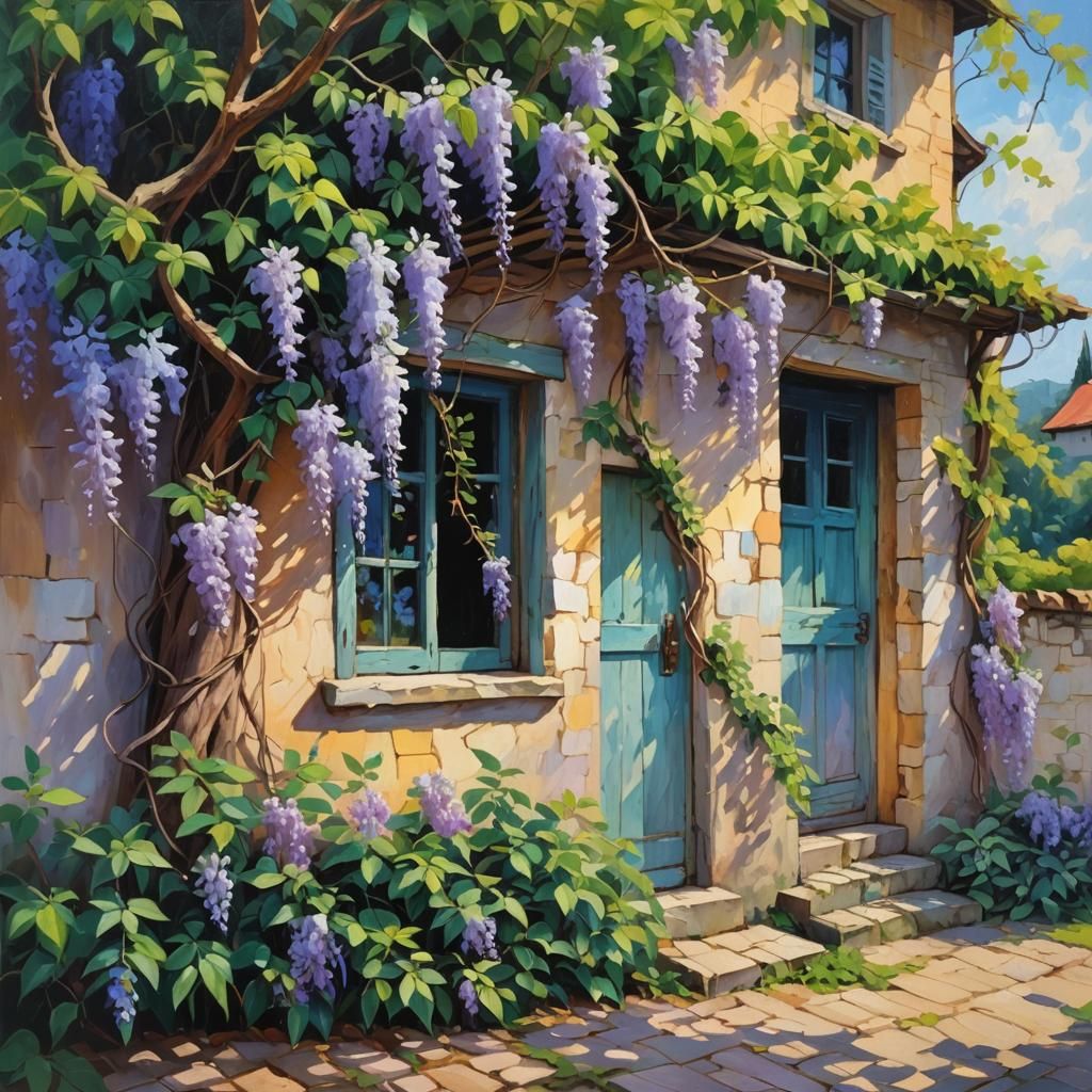Around the door of the homestead,
The sweet Wisteria vines,
...