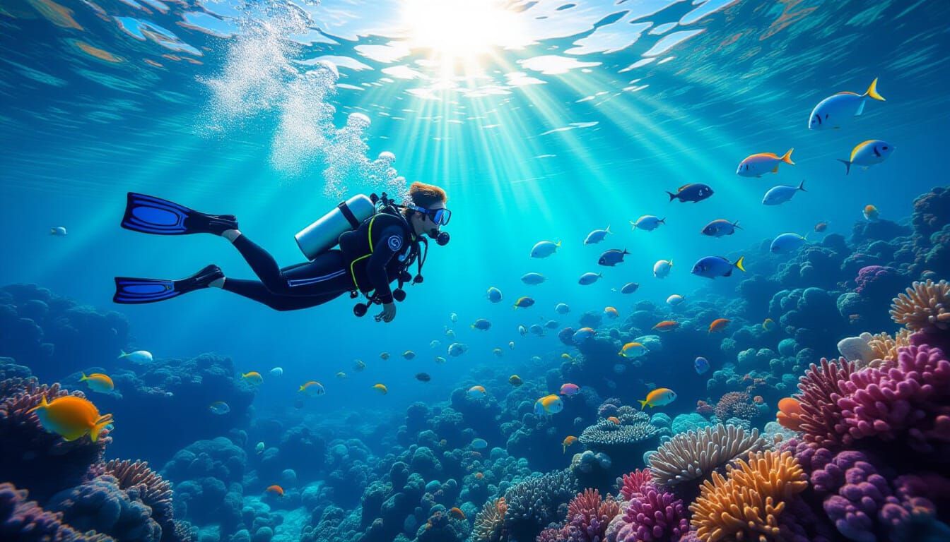 A Scuba Diver exploring a vibrant colored coral reef with a multitude of tropical fish and underwater sea life.