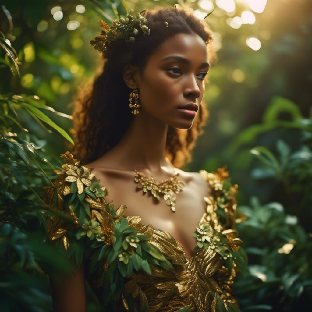 Closeup photograph of a woman in a lush jungle, green foliage, flowers, golden hour, ballgown, intricate and detailed, <lora:lush:1.0>