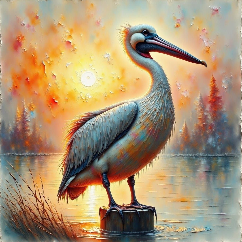 Watercolour sketch pelican on a jetty post, golden hour, atmospheric, dramatic lighting.   <lora:Earth and texture:1.0>