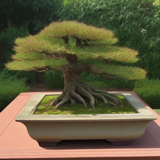 Surreal Bonsai Garden with Red Brick Sculptures