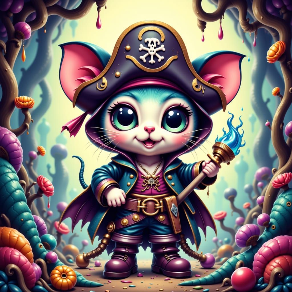 Anime Key Visual. Close-up. A cute cartoon kitty mouse dressed as a pirate captain poses dramatically. Whimsical fantasy setting. Takashi Mu...
