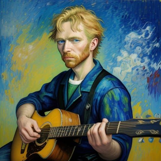 Boy Plays Guitar Stained With Vivid Oil Paints