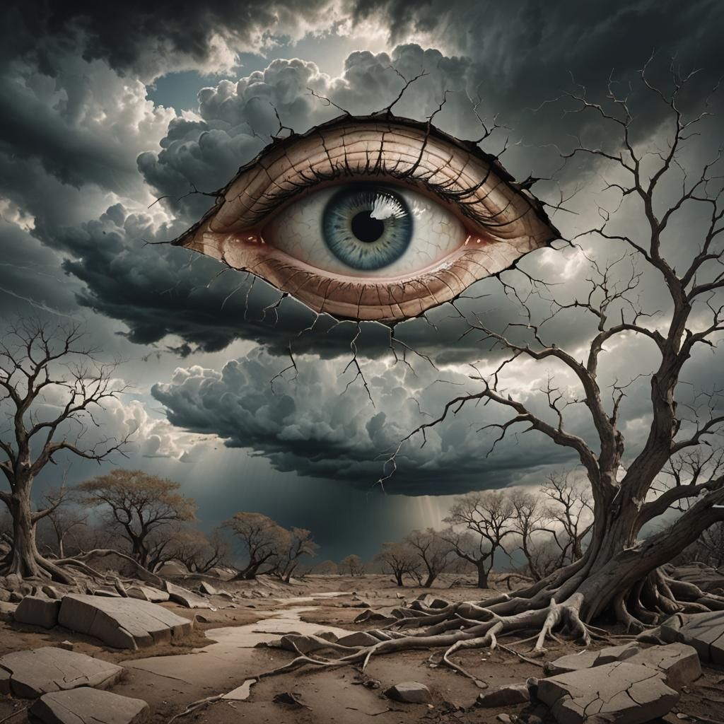 A captivating, surreal landscape features a colossal, cracke...