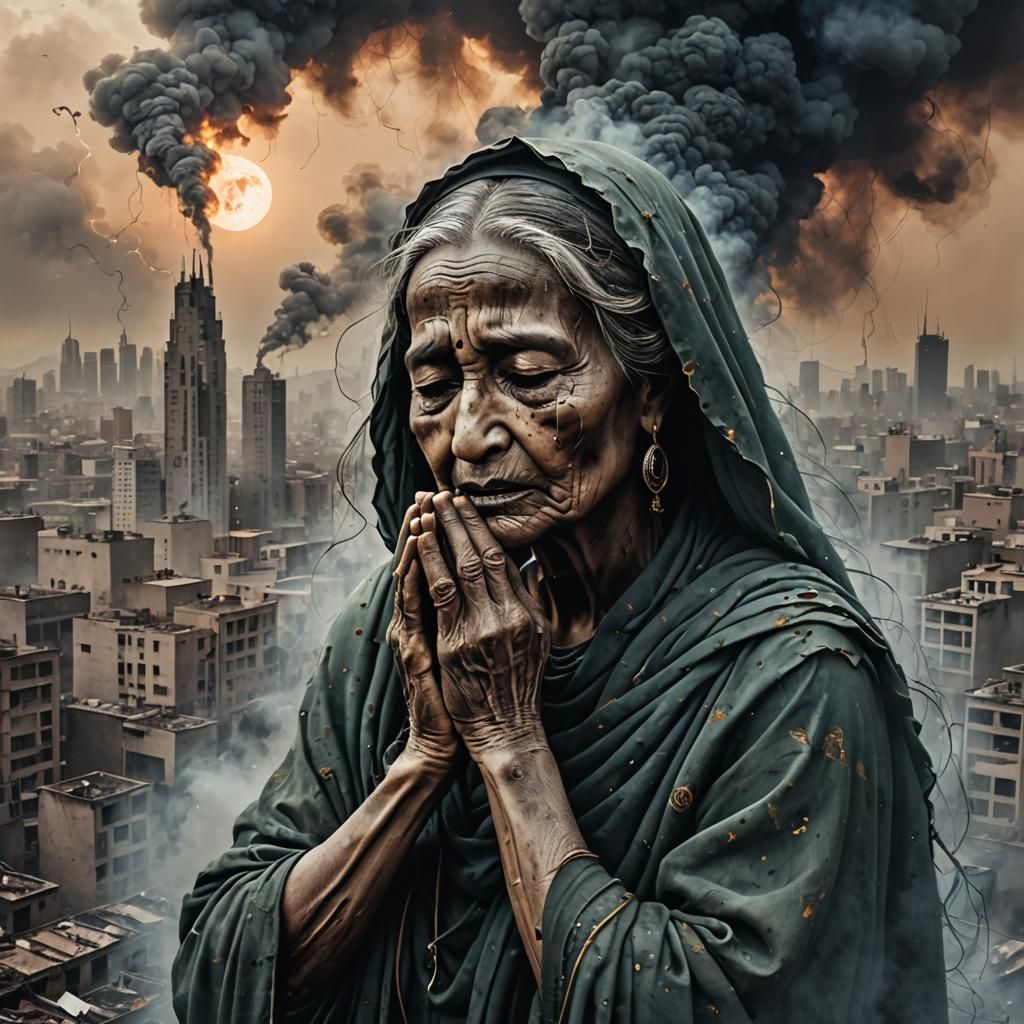 extremely sad earth mother spirit in a smoky sky crying over...