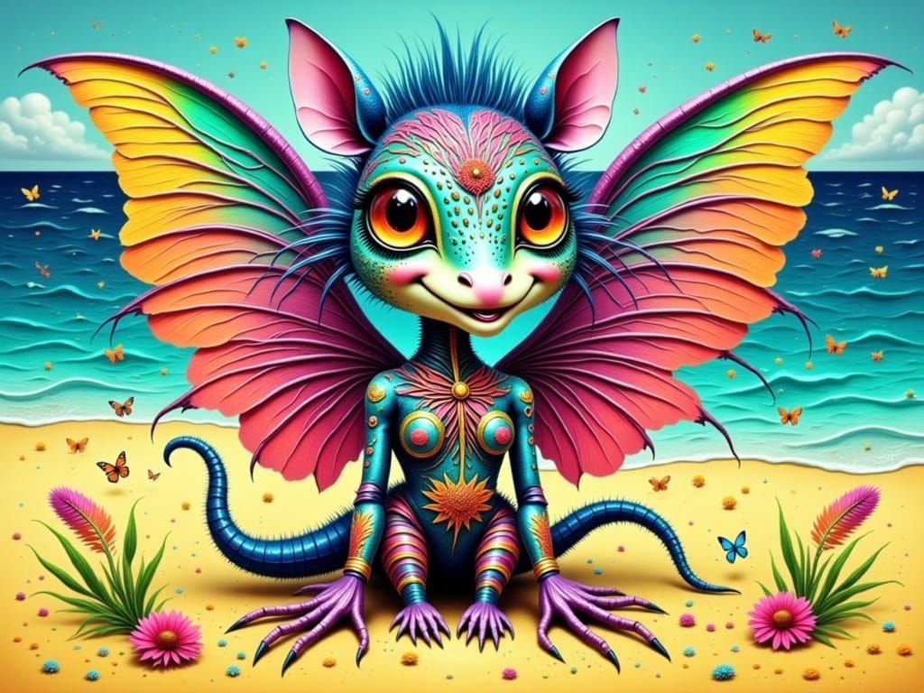 a hybrid animal and comic, cheerful, beaming on the edge of a beach<lora:Zeste-Citron hybrid1:1.0>