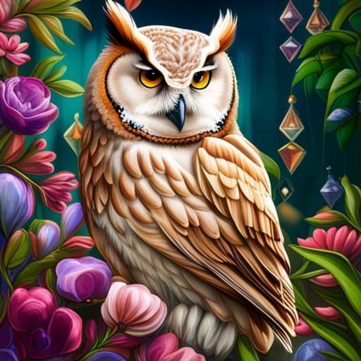 digital painting of realistic owl with encrusted crystals and jewels in ...