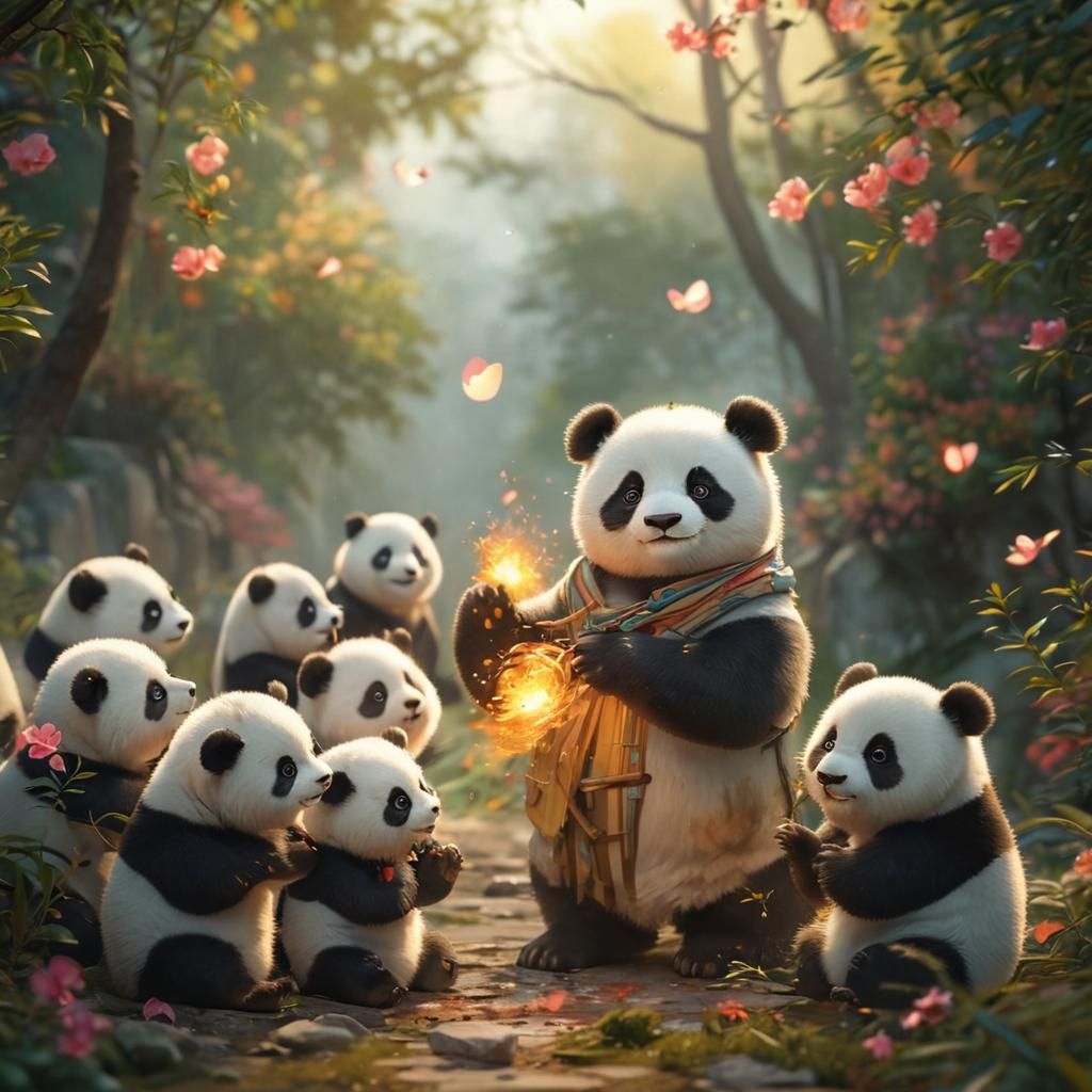 Panda Friends Playing: Vibrant Anime Art