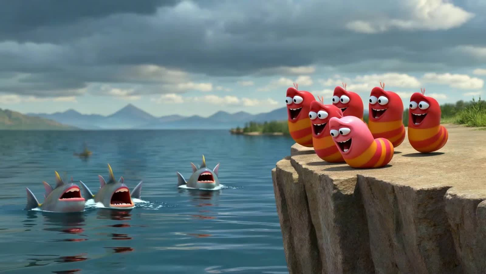 Smiling earthworms are jumping off the cliff to the river where hungry fishes are catching them. Surreal photograph of t...