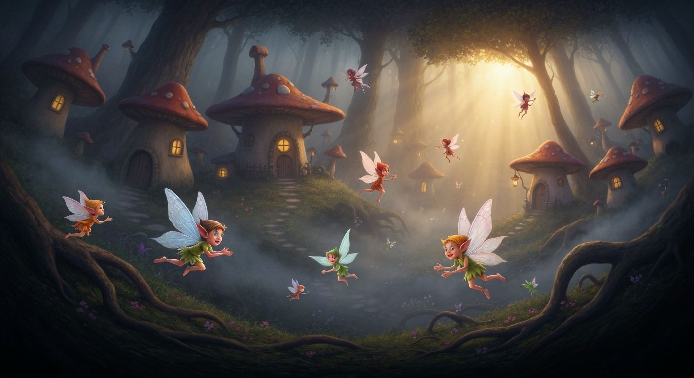 A magical pixie village nestled deep within a foggy forest, illuminated by the soft glow of the golden hour. The scene features playful, col...
