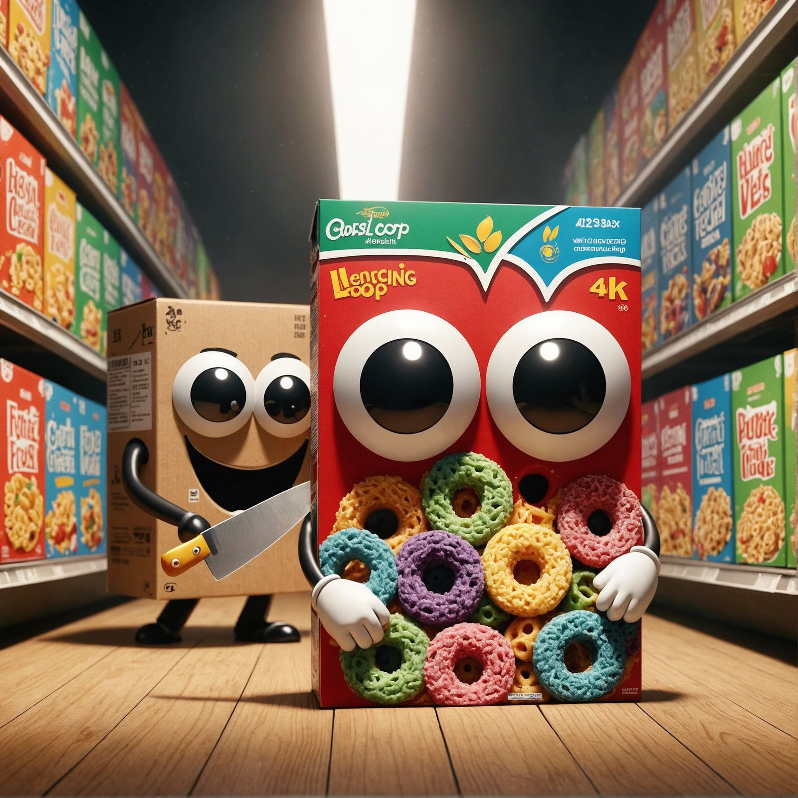 Hyperdetailed CGI cartoon fruit loop cereal box with menacin...