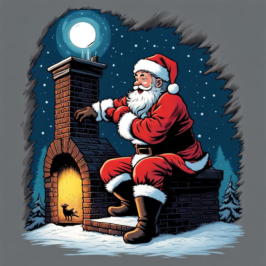 behold Santa Claus, emerging from the sooty chimney, spreadi...