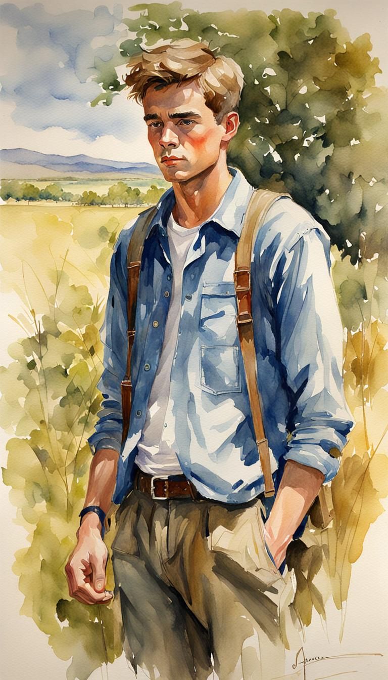hand-drawn watercolor of a young man with his hands in his p...