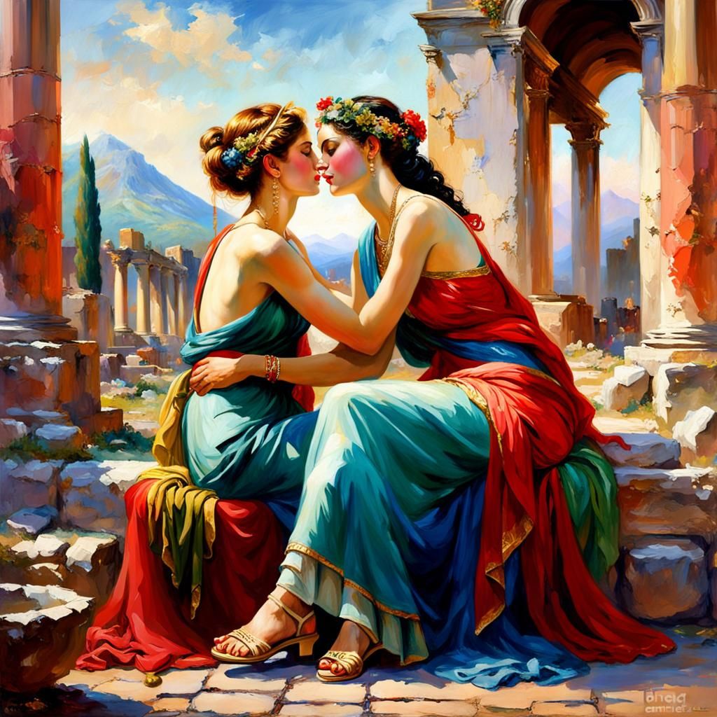 Idyll in Pompeii.
Two women in love, style by Pino Daeni, fu...