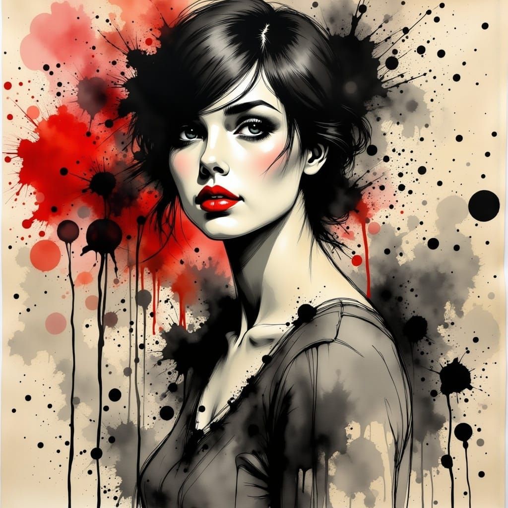 <lora:Charcoal Ink Fx:1.0> beautiful french flatter girl, dark hair, red lips, 1920s style, pretty features, pretty face, wonderful flatter,...