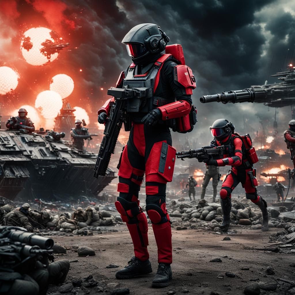 An army soldier of the year 5,000 in an exoskeleton-armored ...