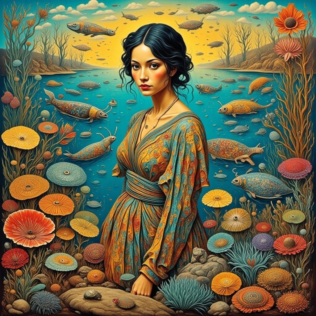 Vibrant Woman Surrounded by Coloured Sea Slugs in Neo-Expres...