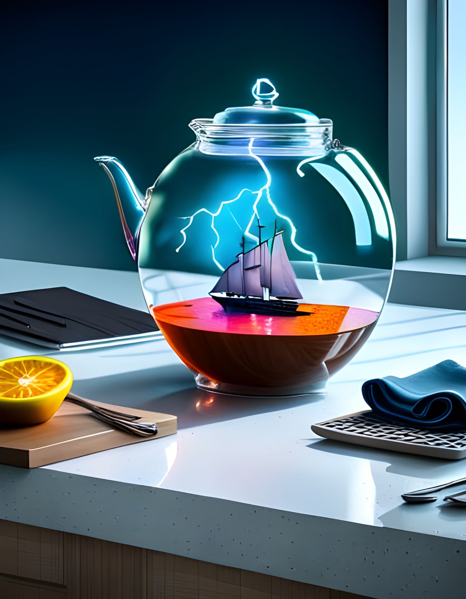 Sailing Through a Lightning Storm in a Teapot AI Generated Artwork