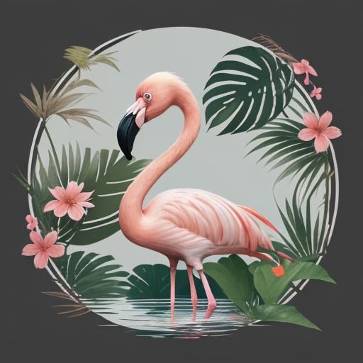 Detailed illustrations of a Flamingo with a flower in water,...