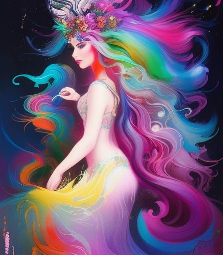 Rainbow-Haired Gypsy Girl in Detailed Gouache Painting