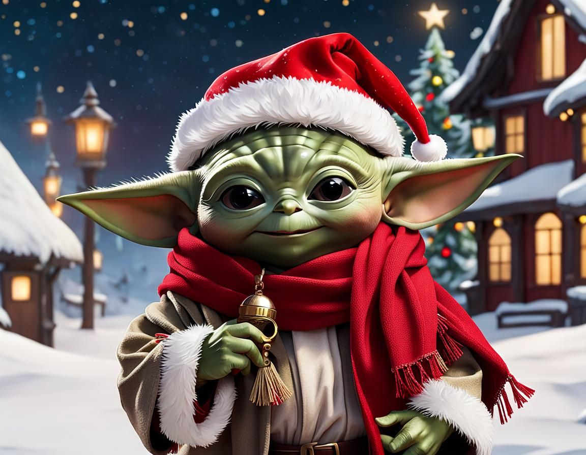 Baby Yoda smiling in a red scarf and Santa hat; detailed background ...