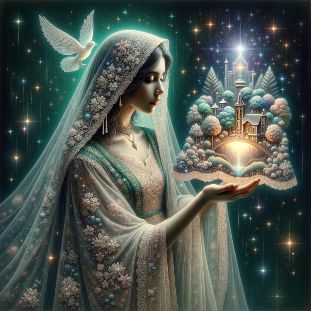 <lora:mystery:1.0> mystical translucent girl in lace cloak holds a handkerchief with a whimsical world depicted on it. oil crayons drawing o...