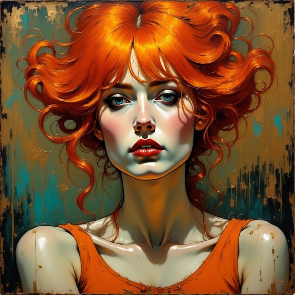 Distorted Unbalanced Reality, Wadim Kashin, Willem Haenraet, closeup of beautiful la Goulue red haired in Lautrec style, fused with Tim Burt...