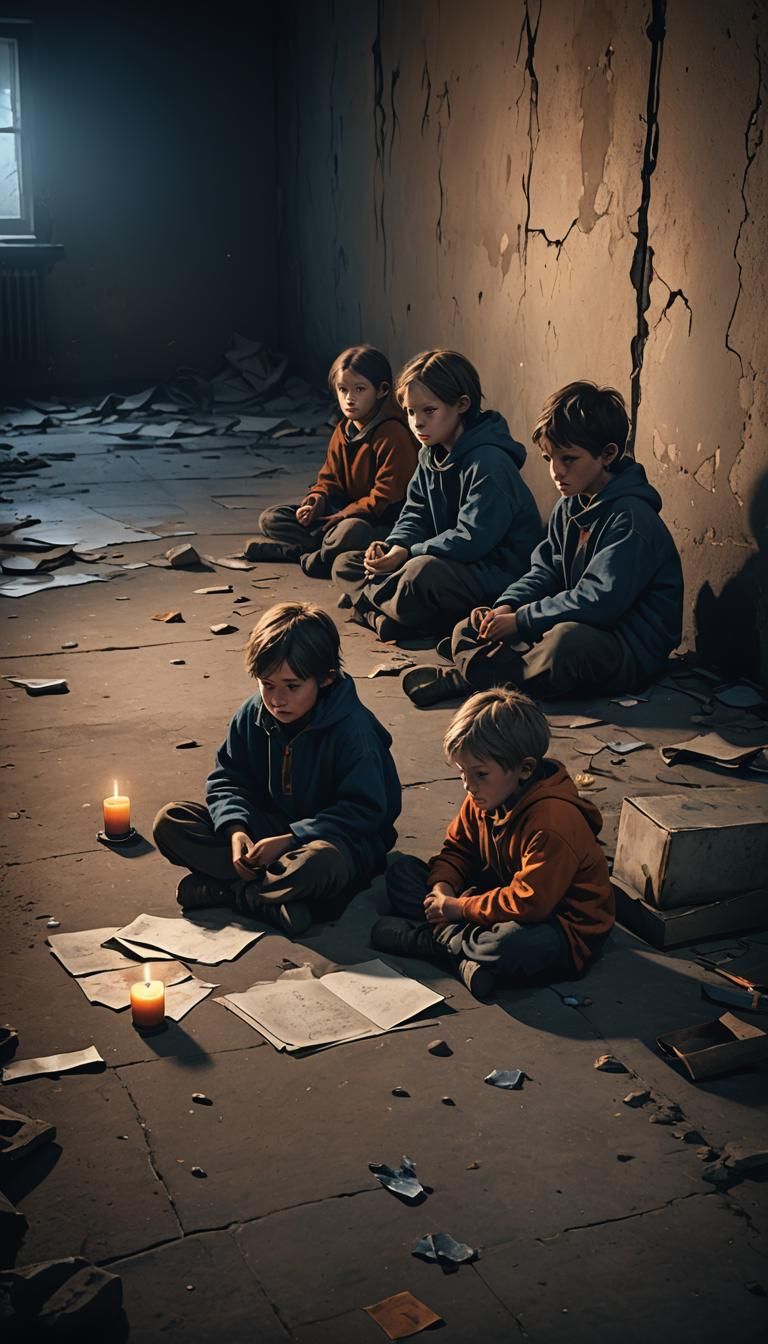 a group of sad, malnourished children sitting on the floor o...