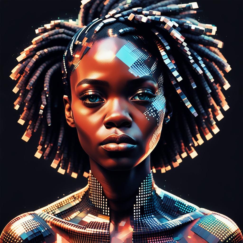 Portrait of a black woman featuring fragmented, pixelated ef...