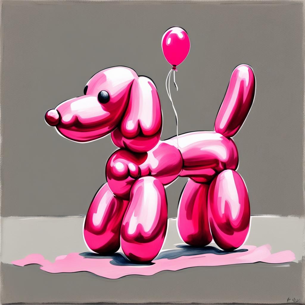 A small, shiny pink balloon dog, graphite art  by @Cheecho84