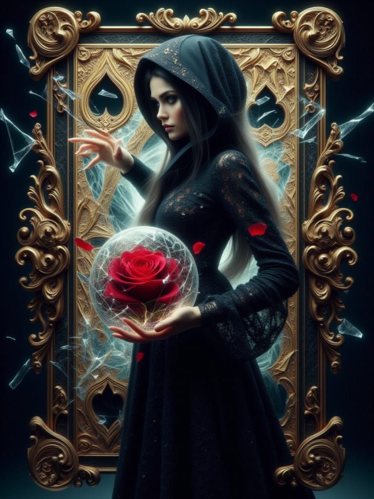 <lora:SplinterCrack:1.0> <lora:FiosArcaneCards:1.0> An image in the style of <splintercrack>A full profile view of a gothic inspired woman w...