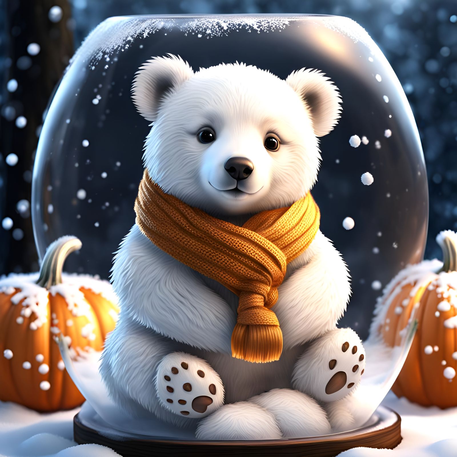 Cute Polar Bear Cub in Glass Pumpkin, Digital Art
