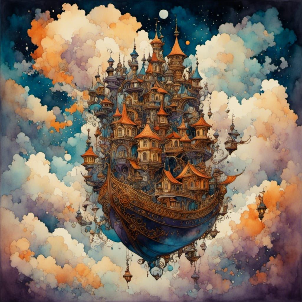 Magic Town on a boat in the clouds, in the style of <lora:RomanticWatercolor:1.2>, purple and blue and orange