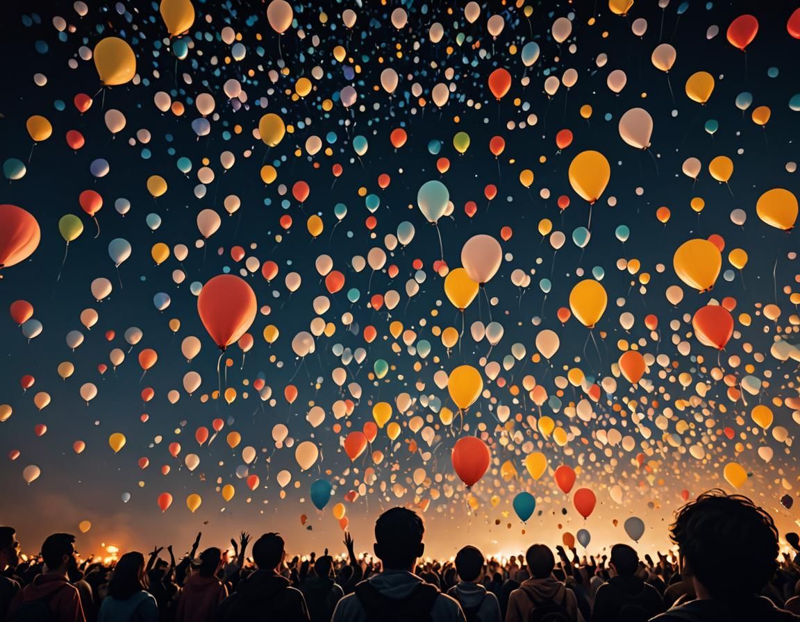 Balloons Ascending Into Night Sky: Realistic Photography