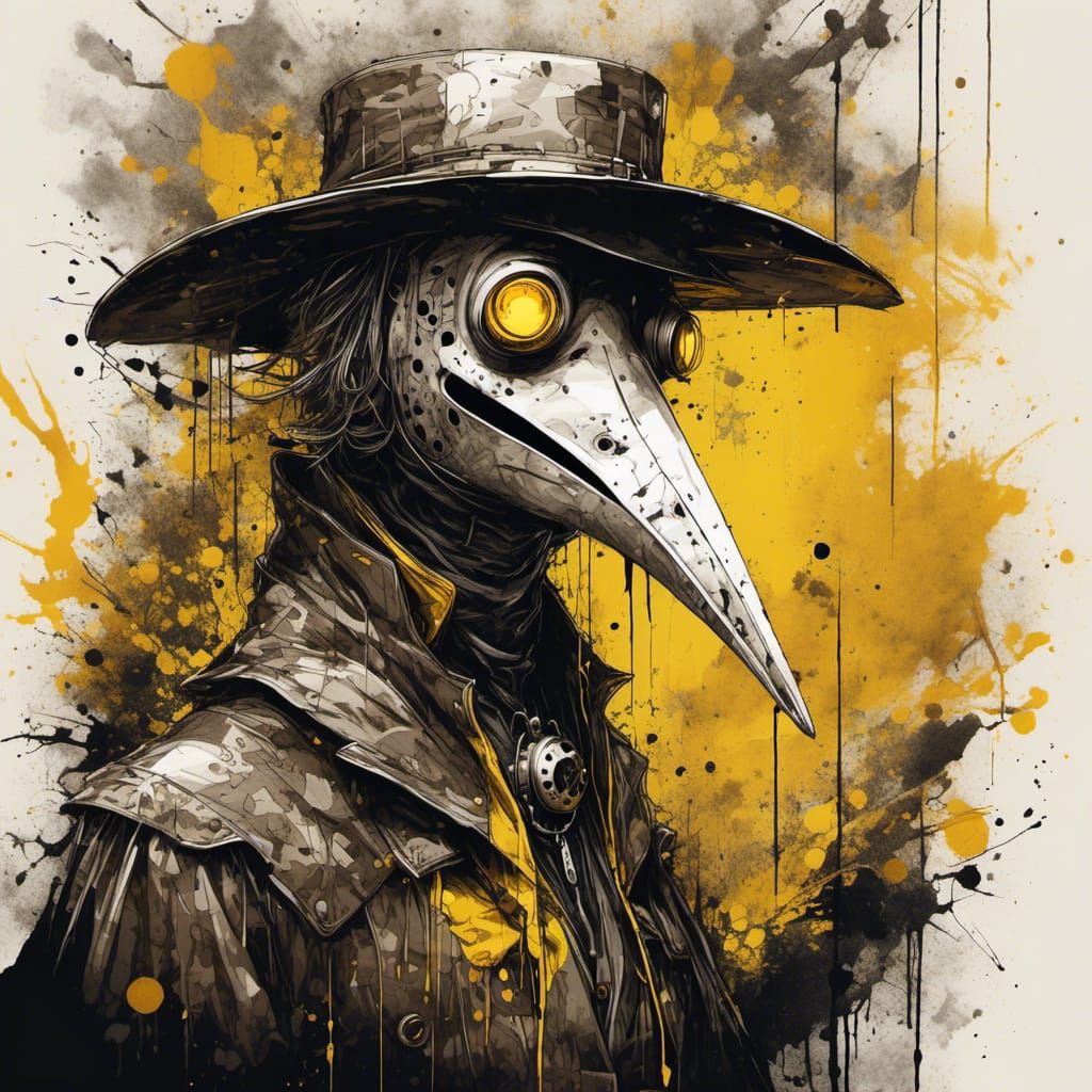 <lora:Gutterball:1.0> Insanely detailed splashy action illustration of epic plague doctor boss by Agnes Cecile and Russ Mills and Alberto Se...
