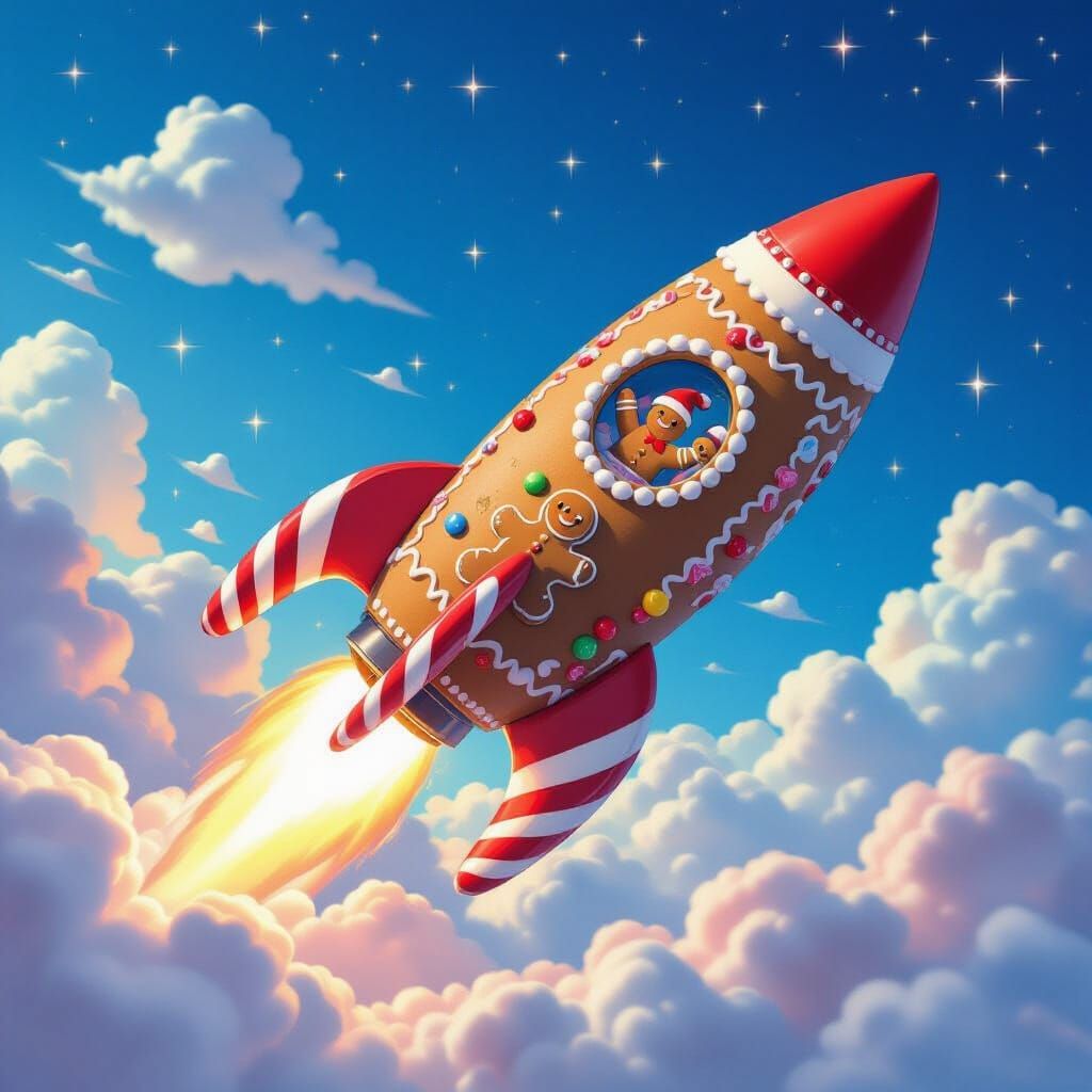 Whimsical Gingerbread Rocket Soaring Through Candy Sky