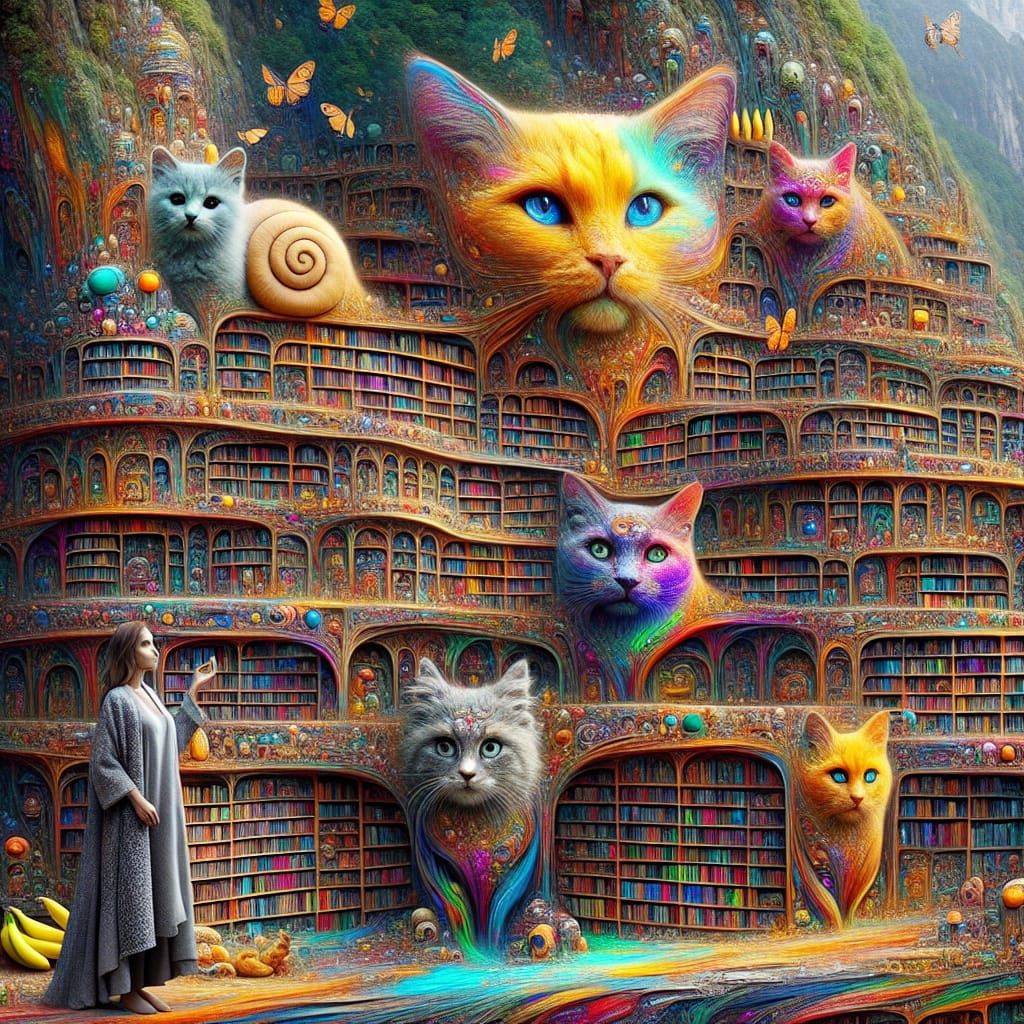 Vibrant Cave Library in Double Exposure Style