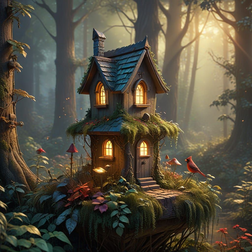 floating Bird House on glowing levitation pad.   floating in a dense forest among the limbs but not touching ...  by @undefined